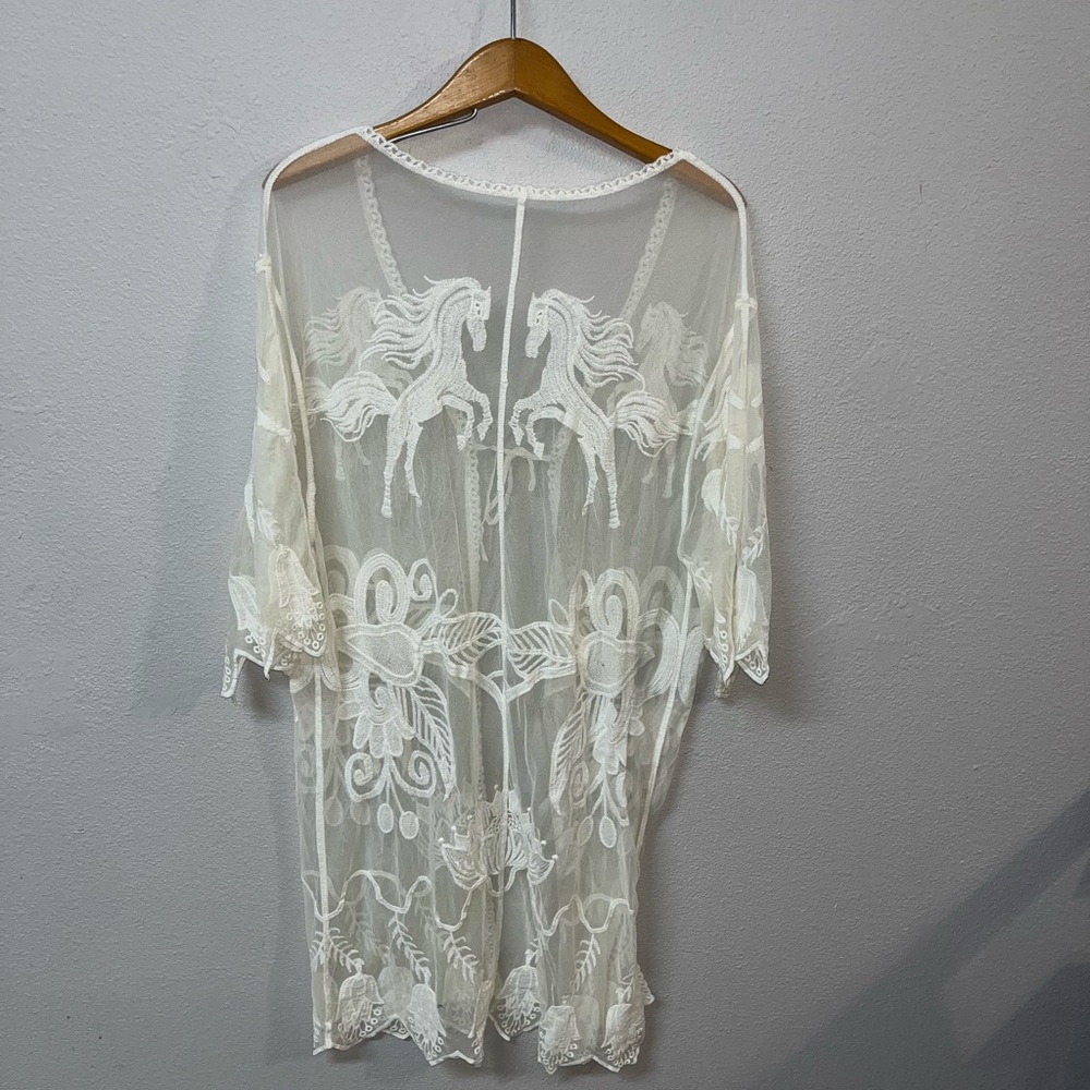 White Sheer Horse and Floral Embroidered Kimono - Picture 2 of 2